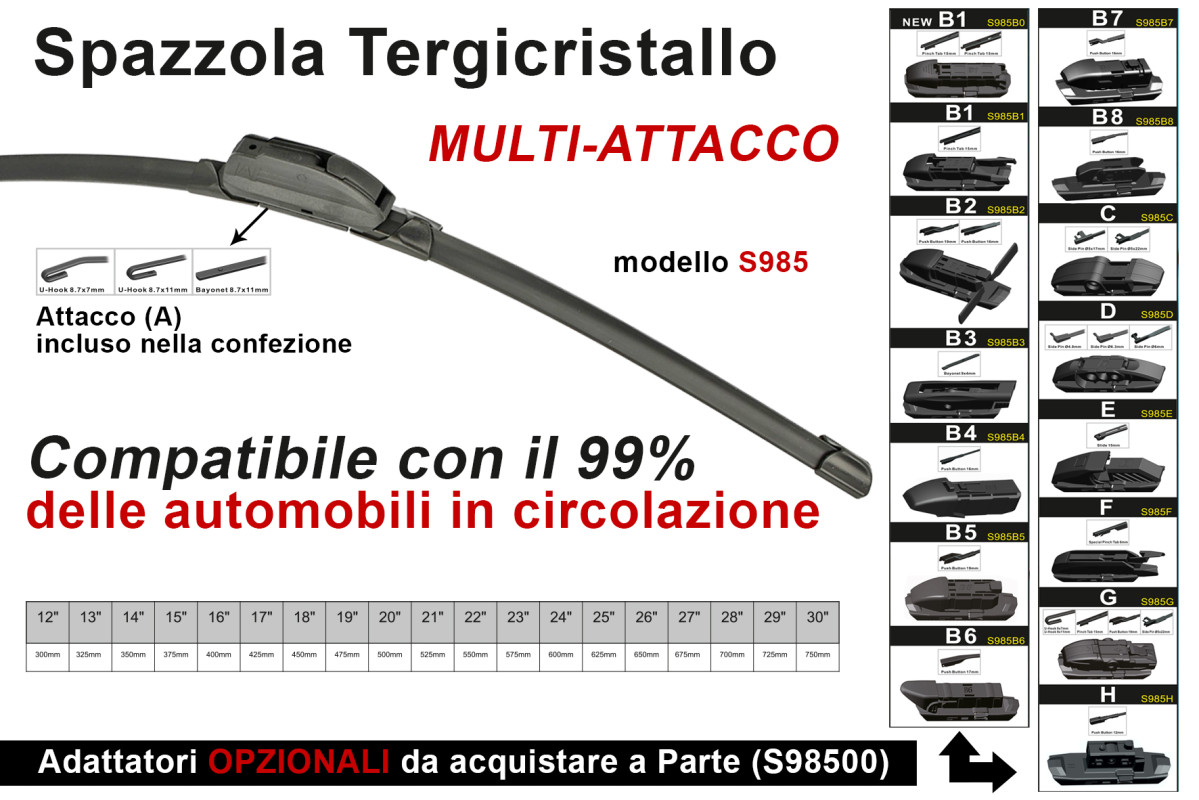 CARALL Spazzola Tergicristallo Auto Universale S985 30'' 750mm Carall 16 Attacchi Opzio 