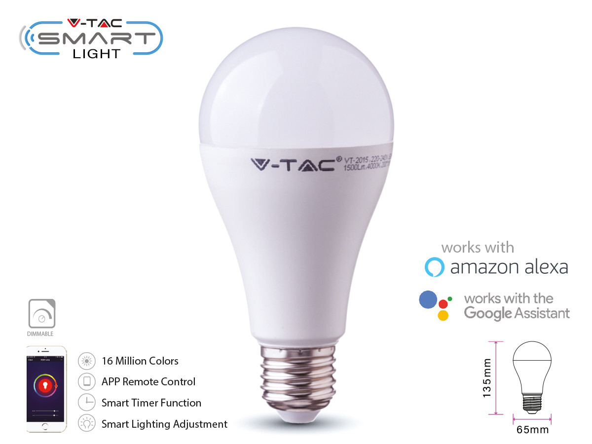 V-TAC VT-5010 lampadina led smart WiFi E27 14W A65 RGB e 3in1 dimmerabile  gestione